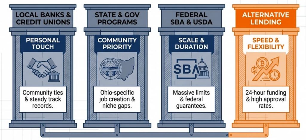 Chart showing the differences between lending options for Ohio based businesses