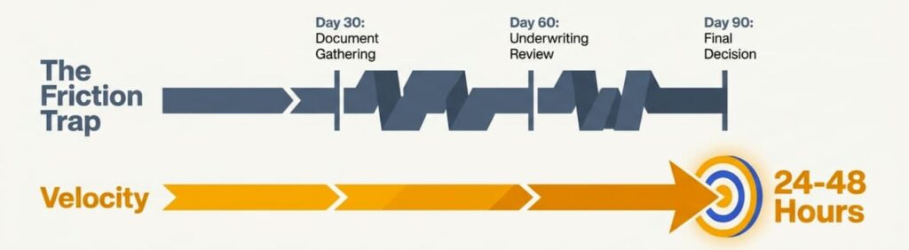 Chart showing friction gap on Small bank loans and needing to wait 60 days and that opportunity cost