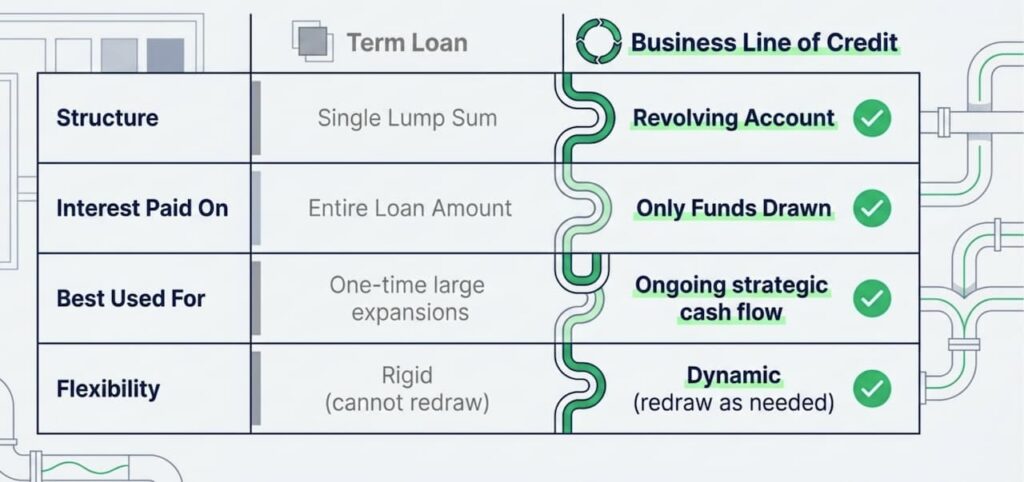 Business Term Loans vs Business Line of Credit Chart showing differences